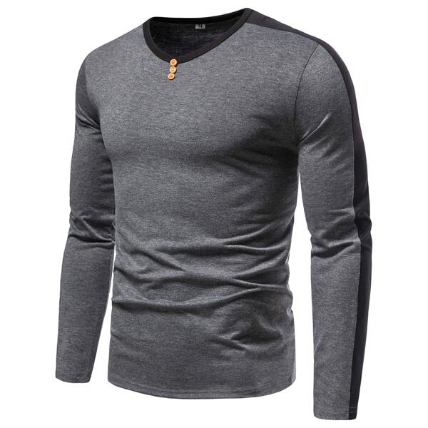 

Men Contrast Panel Button Detail Tee, Dark grey