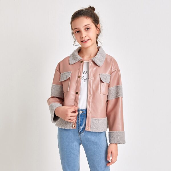 

Girls Flap Pocket Front Teddy Panel PU Leather Jacket, Coral pink