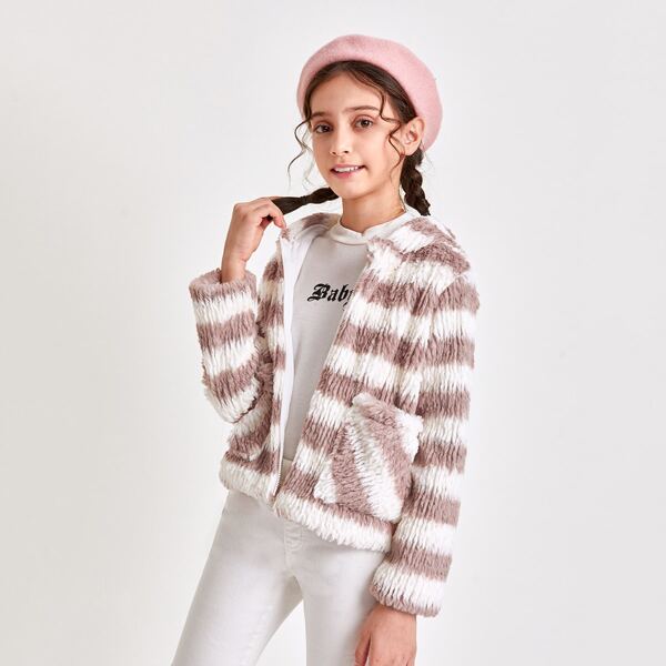 

Girls Zip Up Pocket Front Hooded Striped Teddy Jacket, Multicolor