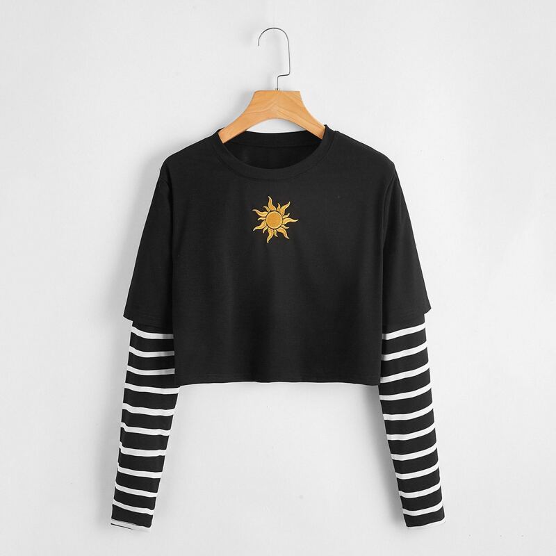 

2 In 1 Sun Embroidery Crop Tee, Black