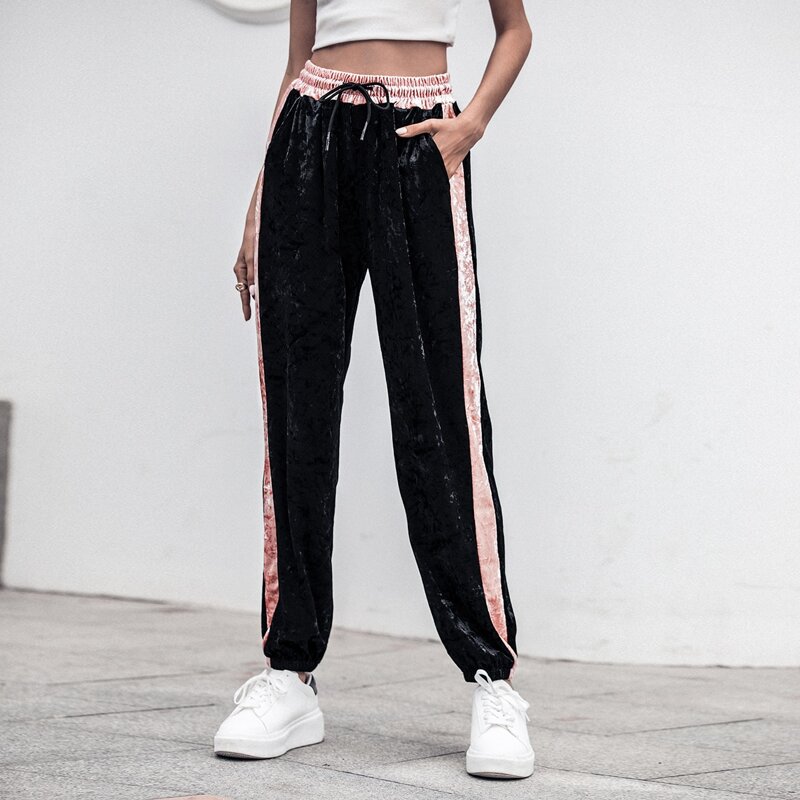 Contrast Panel Drawstring Waist Velvet Pants, Black