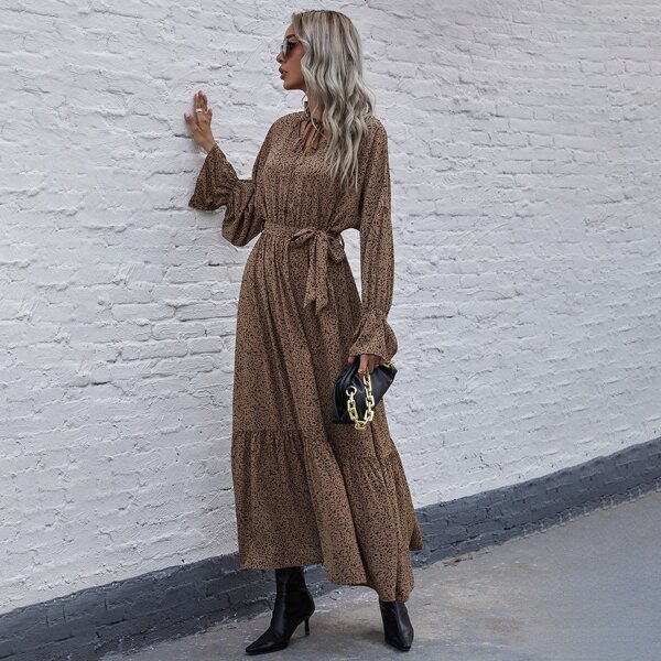 

Allover Print Belted Tie Neck Dress, Mocha brown