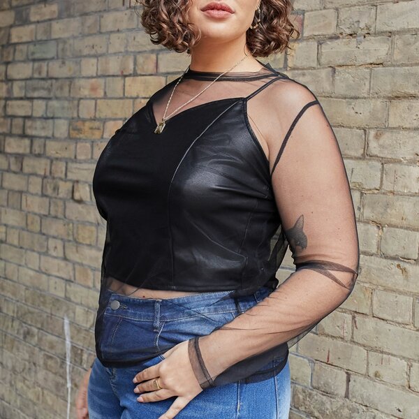 

Plus Sheer Mesh Top Without PU Cami Top, Black