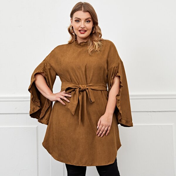 

Plus Frill Neck Split Sleeve Belted Tunic Blouse, Brown
