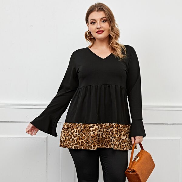 

Plus Leopard & Ruffle Hem Tee, Black