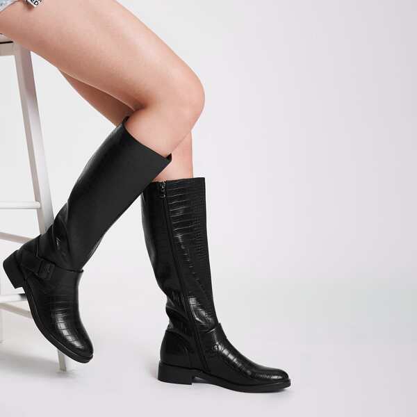 

Buckle Decor Croc Embossed Knee Boots, Black