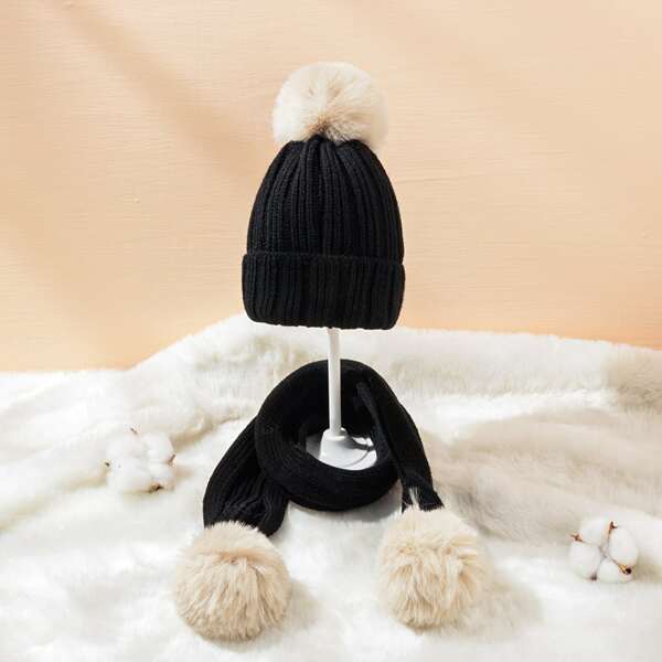 

Toddler Kids Pom Pom Beanie & Scarf, Black