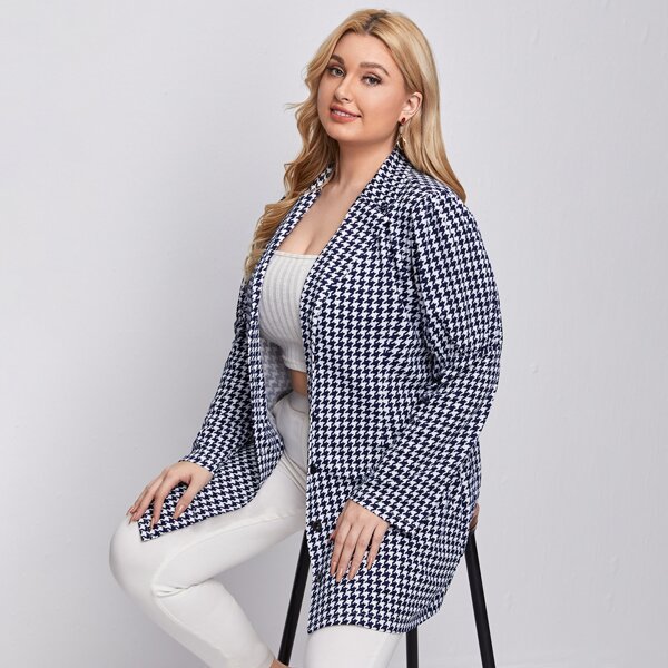

Plus Houndstooth Leg-of-mutton Sleeve Blazer, Blue and white