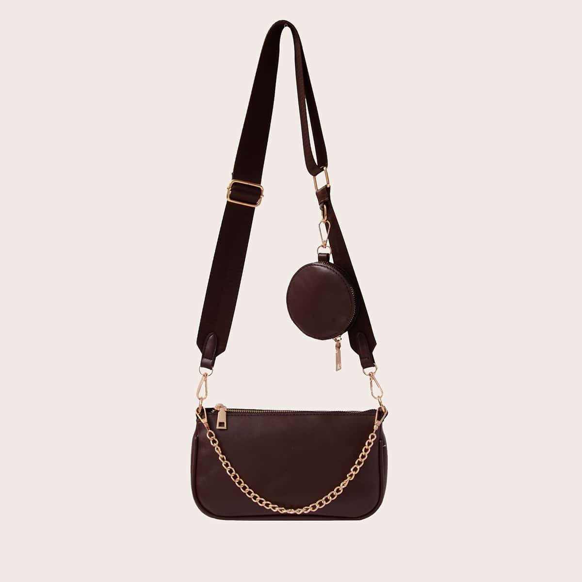 

Chain Decor Crossbody Bag With Purse, Brown