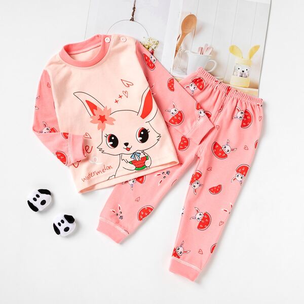 

Toddler Girls Cartoon And Watermelon Print PJ Set, Coral pink