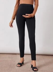 SHEIN Maternity Split Hem Solid Leggings Pants - Black - View 5
