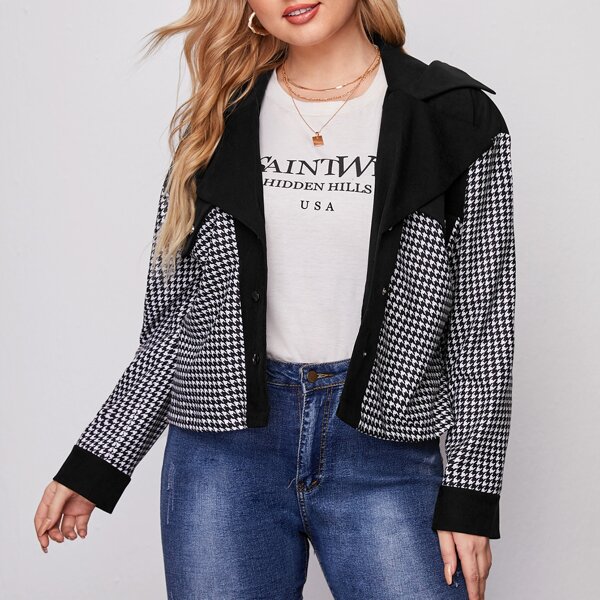

Plus Lapel Collar Houndstooth Button Front Jacket, Black and white
