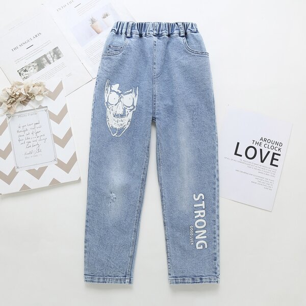 

Boys Skull And Letter Graphic Straight Leg Jeans, Light wash