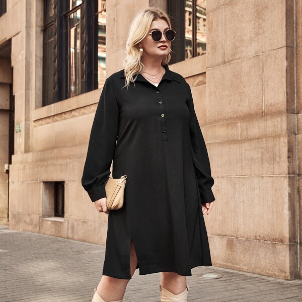 

Plus Half Placket Split Hem Dress, Black