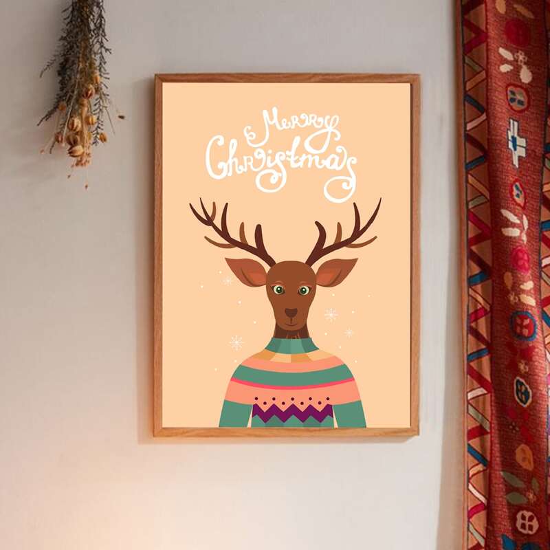 

Christmas Elk Print Wall Painting Without Frame, Apricot