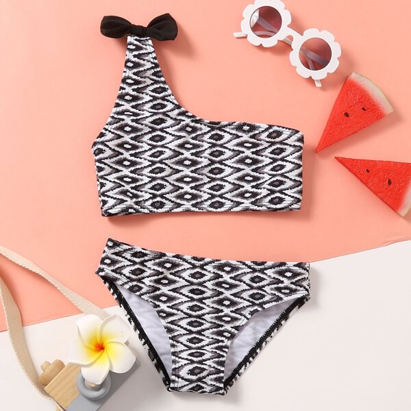 

Toddler Girls Geo Print One Shoulder Bikini Swimsuit, Black and white