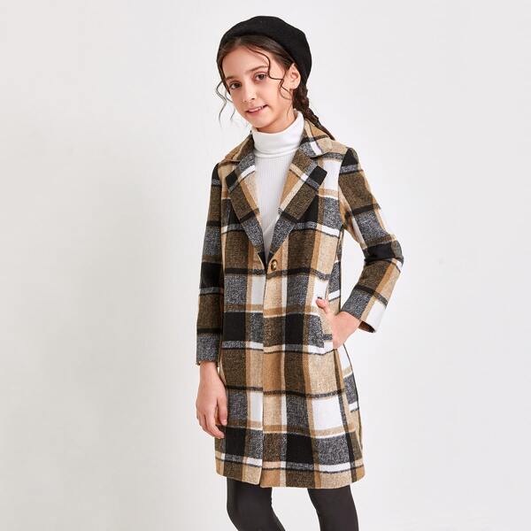 

Girls Plaid Single Button Wool-Mix Fabric Coat, Multicolor