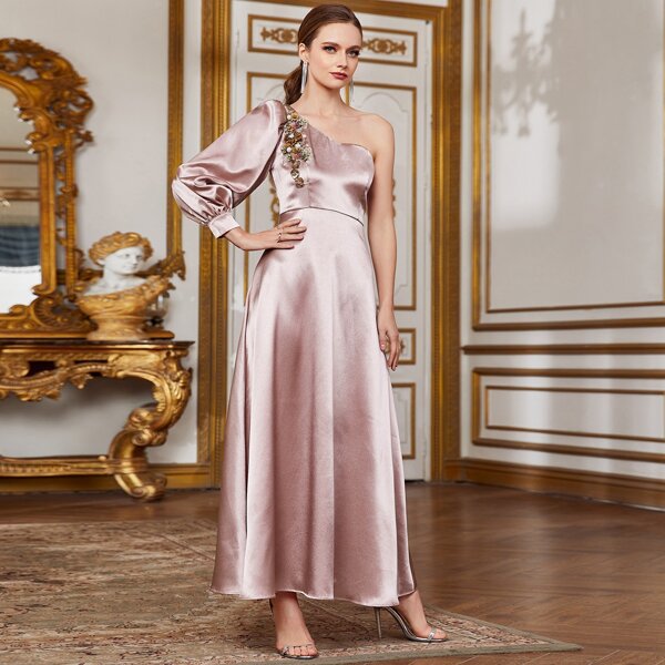 

One Shoulder Appliques Detail Satin Dress, Pastel dusty pink