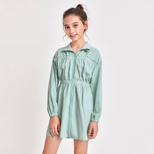 

Girls Drop Shoulder Frill Trim Zip Up Dress, Pastel mint green