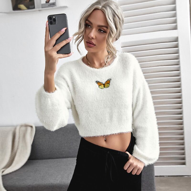 

Butterfly Embroidery Fluffy Knit Sweater, White