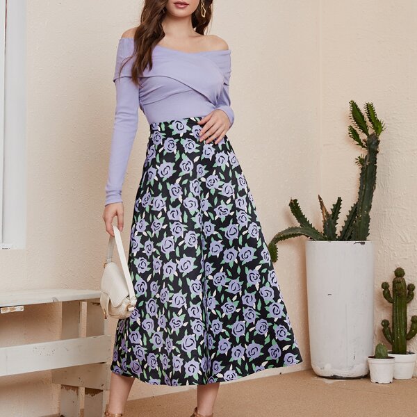 

Off Shoulder Tee & Floral Print Skirt Set, Multicolor