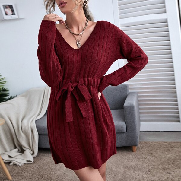 

V-neck Drop Shoulder Tie Front Sweater Dress, Burgundy