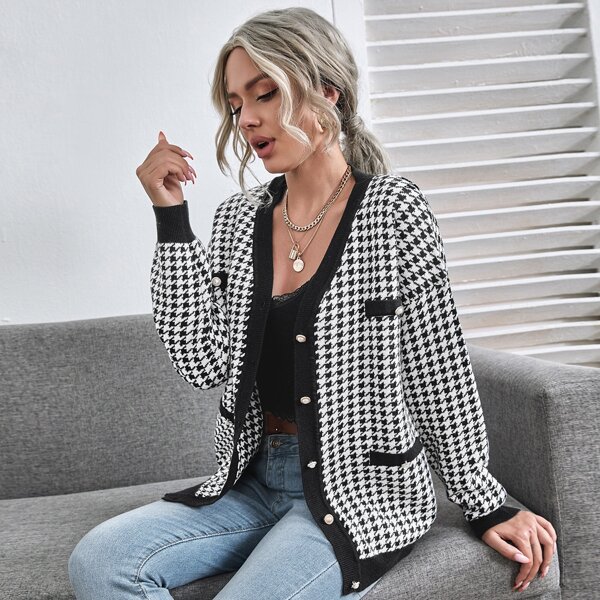 

Houndstooth Drop Shoulder Cardigan, Black and white