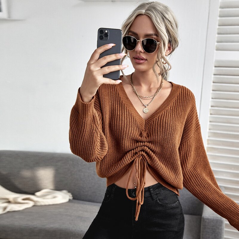 

Drawstring Front Drop Shoulder Sweater, Brown