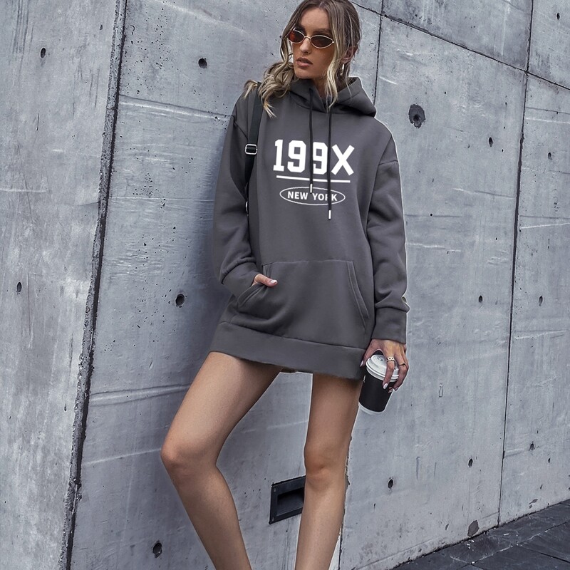 

Letter Graphic Kangaroo Pocket Oversized Hoodie, Dark grey