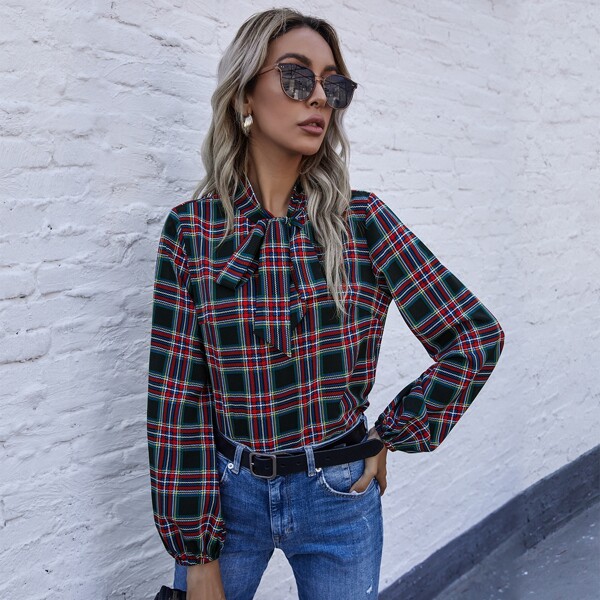 

Tartan Plaid Tie Neck Blouse, Multicolor