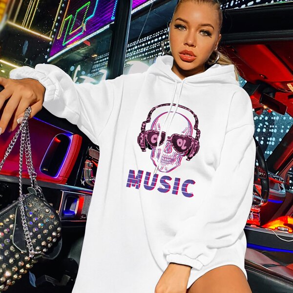 

Skull And Letter Graphic Oversized Hoodie, White