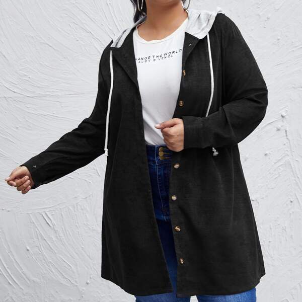 

Plus Corduroy Drawstring Hooded Coat, Black