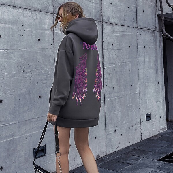 

Letter And Wings Print Drawstring Hoodie, Dark grey