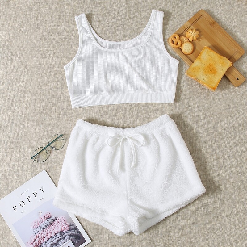 

Rib-knit Tank Top & Drawstring Flannel Shorts PJ Set, White