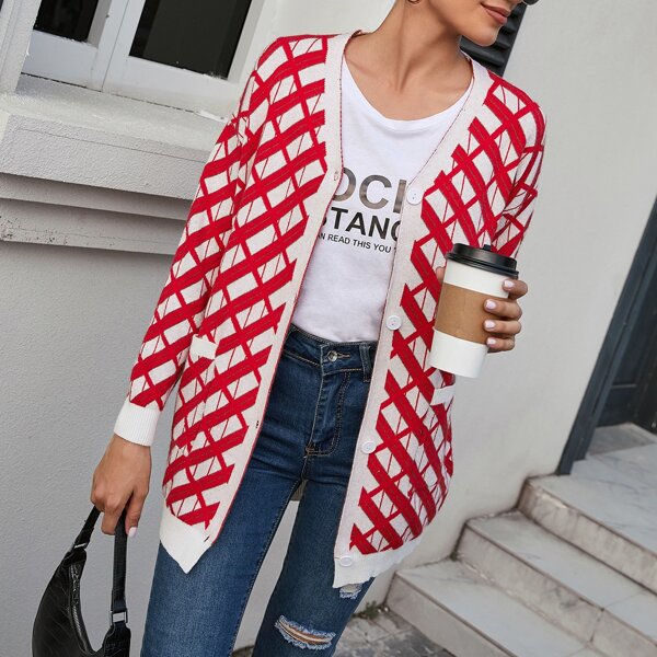 

Button Front Patch Pocket Plaid Cardigan, Red and white