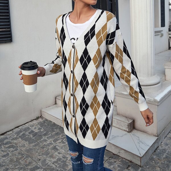 

Button Front Drop Shoulder Argyle Cardigan, Multicolor