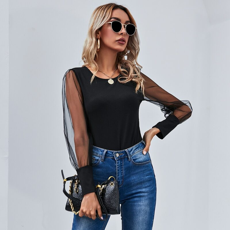 

Sheer Mesh Sleeve Slim Top, Black