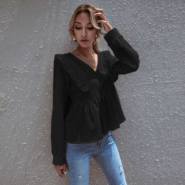 

Button Front Schiffy Trim Babydoll Blouse, Black