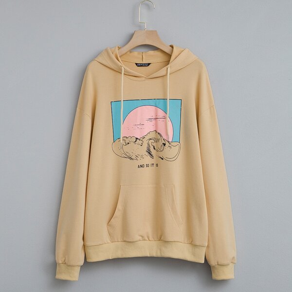 

Great Wave And Slogan Graphic Hoodie, Khaki