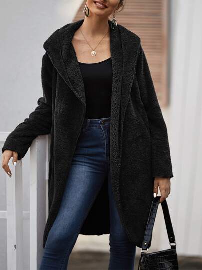 معطف تيدي مقنع بجيب ومفتوح من الامام