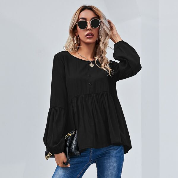 

Lantern Sleeve Button Front Smock Top, Black
