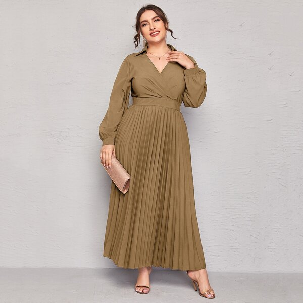 

Plus Surplice Front Pleated Hem A-line Dress, Camel