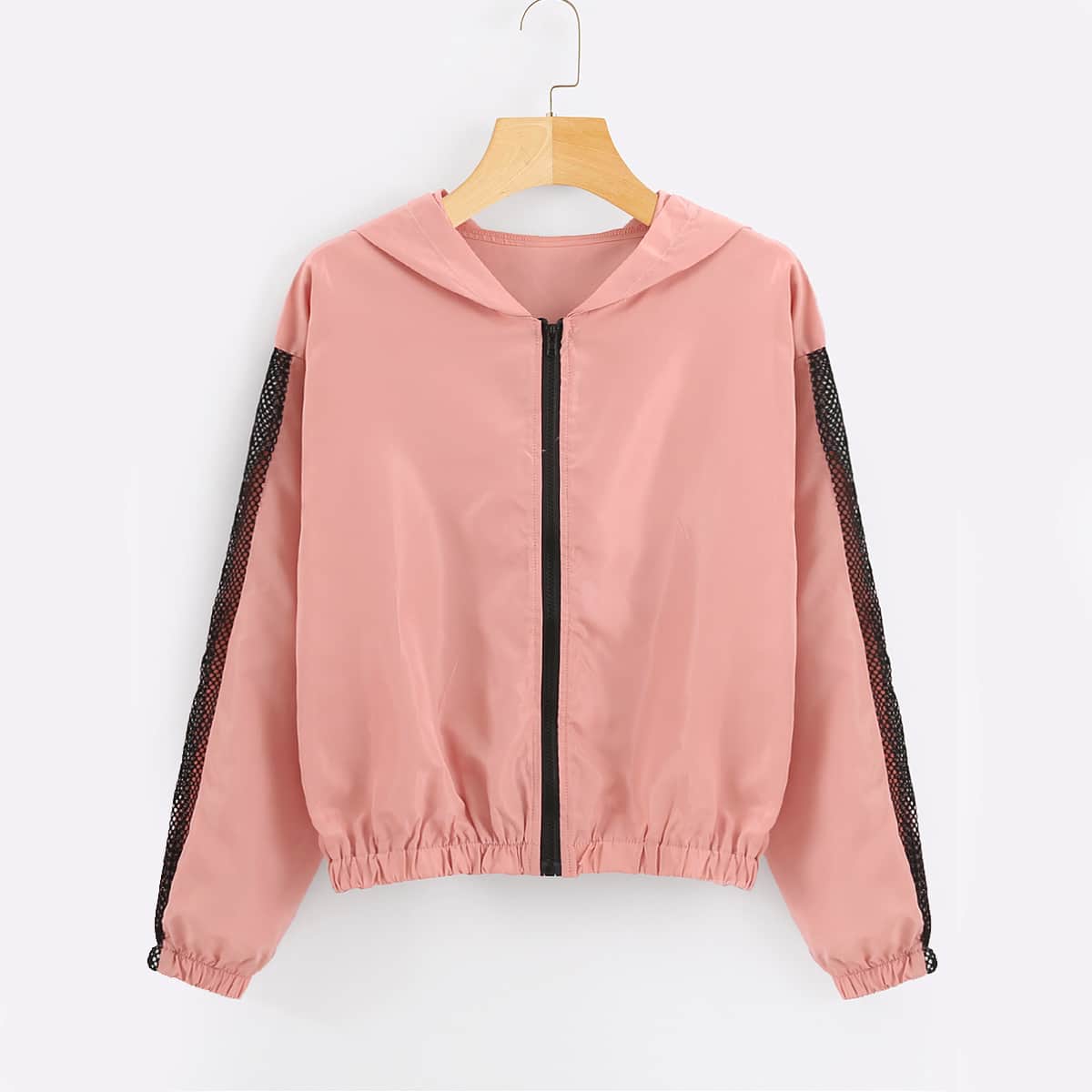 

Fishnet Mesh Insert Hooded Windbreaker Jacket, Coral pink