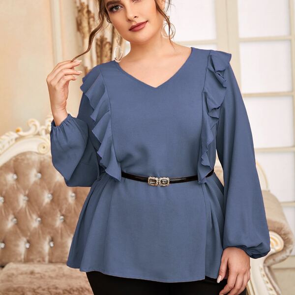 

Plus Ruffle Trim Bishop Sleeve Blouse Without Belt, Dusty blue
