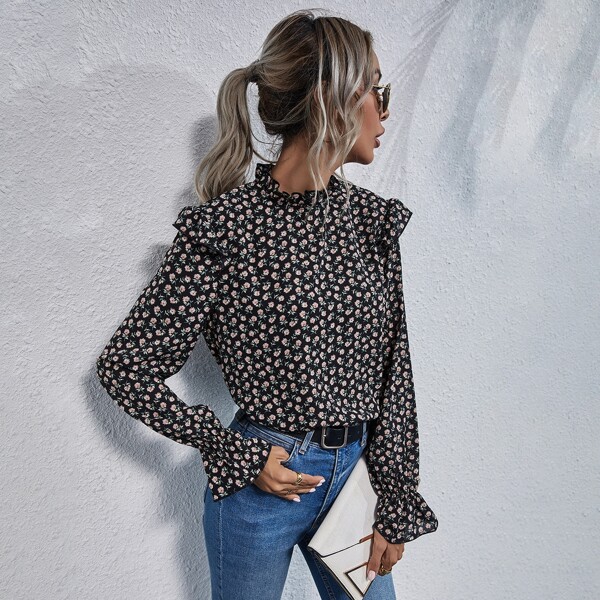 

Frill Neck Ditsy Floral Flounce Sleeve Blouse, Multicolor