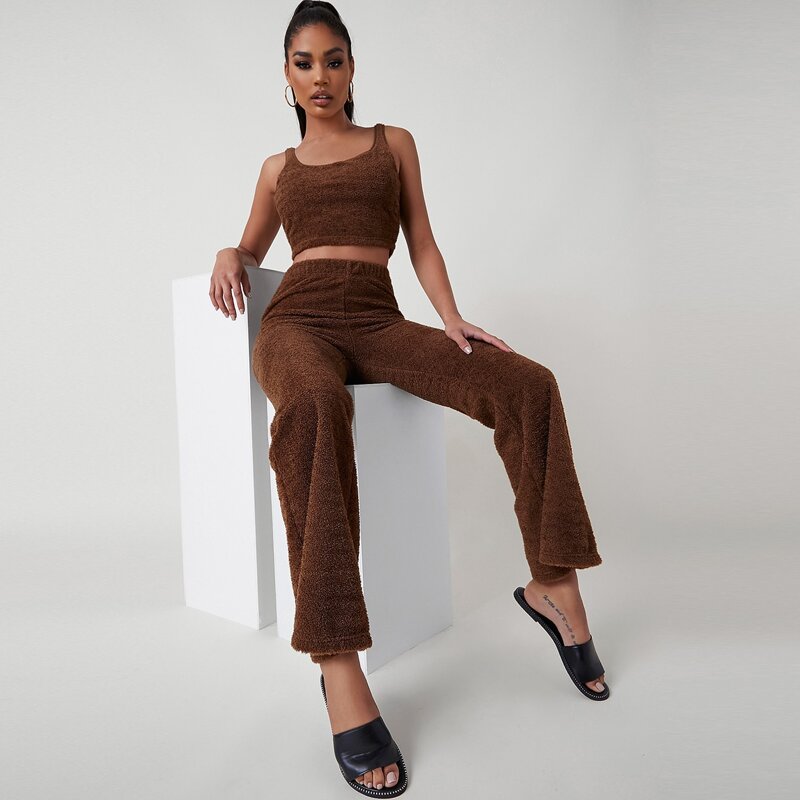 

Teddy Crop Tank Top & Flare Leg Pants Set, Chocolate brown