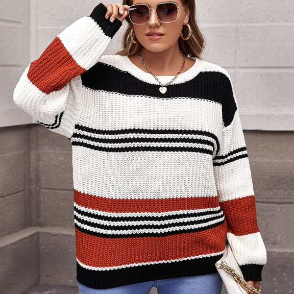 

Plus Striped Pattern Drop Shoulder Sweater, Multicolor