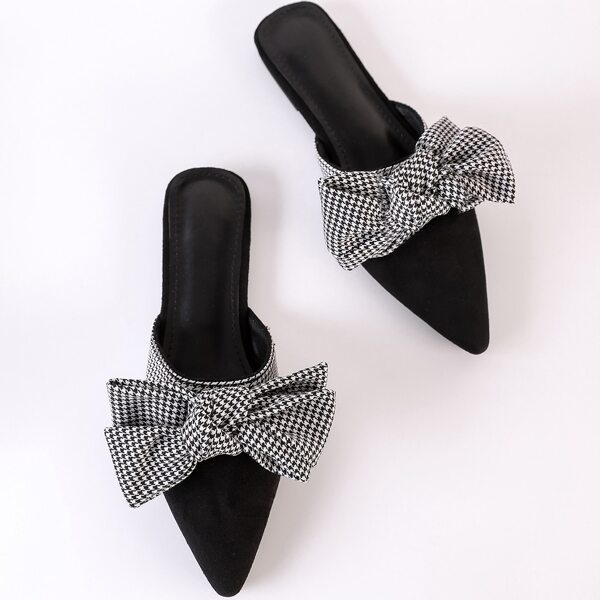 

Houndstooth Bow Decor Flat Mules, Black