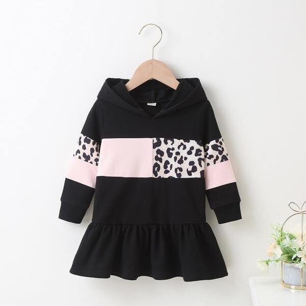 

Baby Girl Ruffle Hem Colorblock Hoodie Dress, Black