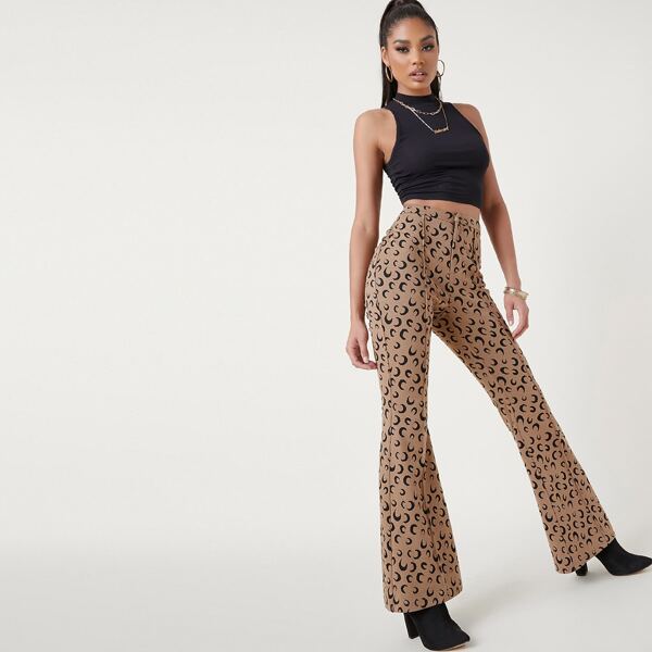 

Seam Front Moon Print Flare Leg Pants, Mocha brown